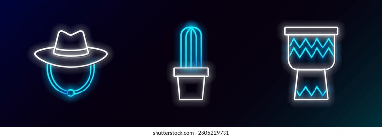 Set line Drum, Western cowboy hat and Cactus peyote in pot icon. Glowing neon. Vector