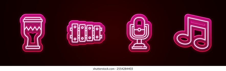 Set line Drum, Xylophone, Microphone and Music note, tone. Glowing neon icon. Vector