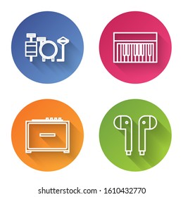 Set line Drums, Music synthesizer, Guitar amplifier and Air headphones. Color circle button. Vector