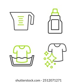 Set line Drying clothes, Basin with shirt, Bottle for cleaning agent and Measuring cup icon. Vector