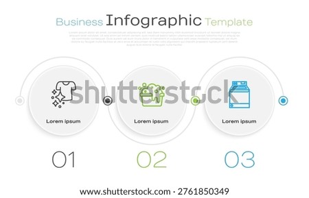 Set line Drying clothes, Basin with soap suds and Washer. Business infographic template. Vector