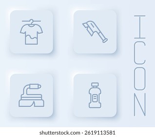 Set line Drying clothes, Brush for cleaning,  and Bottle detergent. White square button. Vector