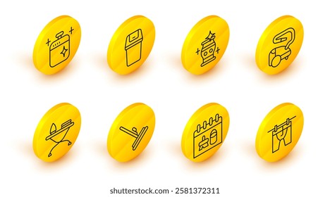 Set line Drying clothes, Cleaning calendar, Mop, Iron and ironing board, Vacuum cleaner, vase, Trash can and cooking pot icon. Vector