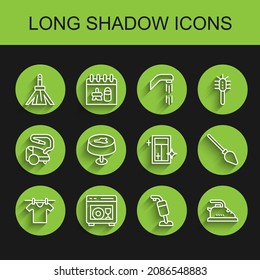 Fijar la ropa de secado, lavadora, escoba de mango, limpiador de vacío, plancha eléctrico, mantel de manta de manta y servicio de limpieza para el icono de ventana. Vector