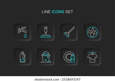 Set line Drying clothes, Dishwashing bottle and plate, Bucket with foam bubbles, Bottle for detergent, Water drop, Mop, Rubber cleaner windows and tap icon. Vector