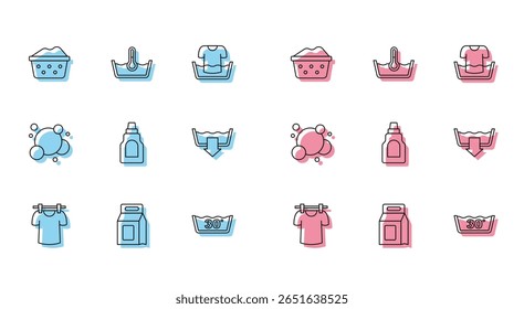 Set line Drying clothes, Laundry detergent, Basin with soap suds, Temperature wash, Bottle for cleaning agent, Washing modes, Soap water bubbles and  icon. Vector