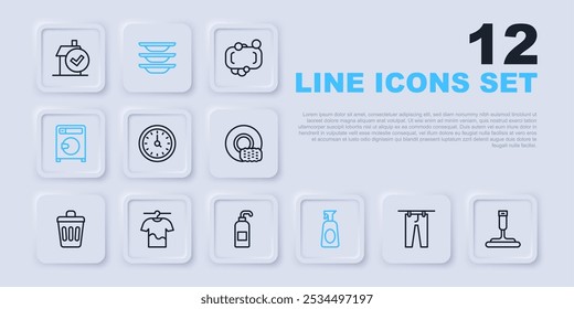 Set line Drying clothes, Rubber cleaner for windows, Clock, Cleaning spray with detergent, Washer, Washing dishes and Antibacterial soap icon. Vector