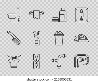 Set line Drying clothes, Shower, Bottle of shampoo, Clothes pin, Toilet bowl, Cleaning spray bottle, Industry metallic pipe and Electric iron icon. Vector