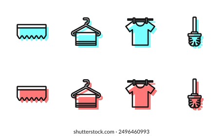 Set line Drying clothes, Sponge, Towel hanger and Toilet brush icon. Vector