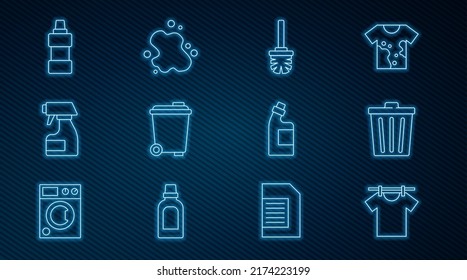 Set line Drying clothes, Trash can, Toilet brush, Cleaning spray bottle, Bottle for cleaning agent,  and Water spill icon. Vector