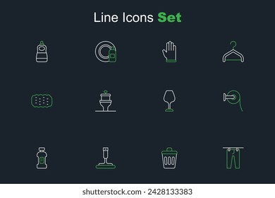 Set line Drying clothes, Trash can, Rubber cleaner for windows, Bottle detergent, Toilet paper roll, Wine glass, bowl and Sponge icon. Vector