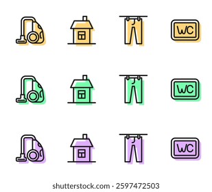 Set line Drying clothes, Vacuum cleaner, House and Toilet icon. Vector