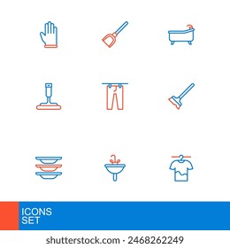 Set line Ropa de secado, Lavabo, Lavavajillas, Fregona, Limpiador de caucho para ventanas, Bañera y Dustpan icono. Vector