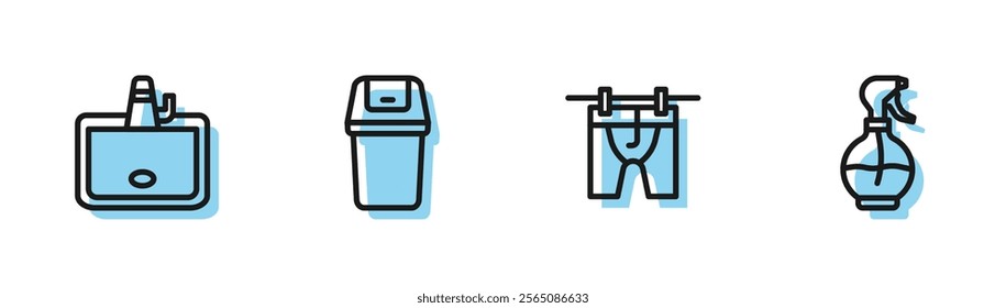 Set line Drying clothes, Washbasin, Trash can and Water spray bottle icon. Vector