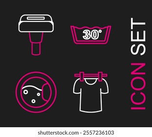 Set line Drying clothes, Washer, Temperature wash and Garment steamer icon. Vector