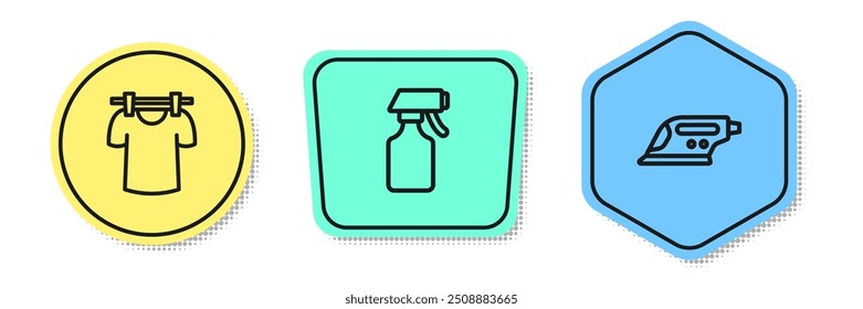 Set line Drying clothes, Water spray bottle and Electric iron. Colored shapes. Vector