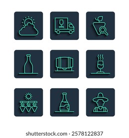 Set line Drying grapes, Bottle of wine, Farmer the hat, Grapes, Wooden barrel for, Sun and cloud weather and Wine tasting, degustation icon. Vector