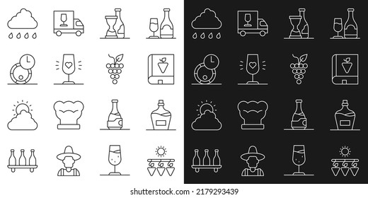 Set line Drying grapes, Old bottle of wine, Book about, Bottle, Wine glass, Wooden barrel for, Cloud with rain and Bunch icon. Vector