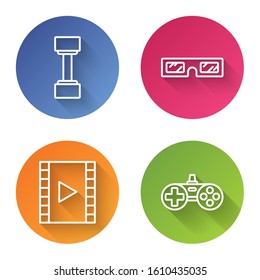 Set line Dumbbell, 3D cinema glasses, Play Video and Gamepad. Color circle button. Vector