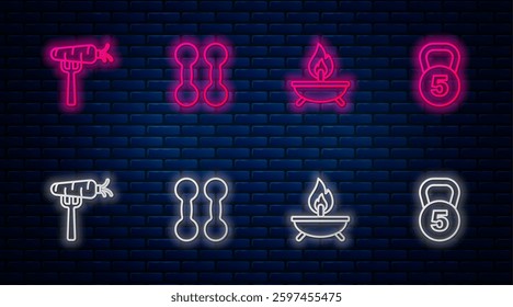 Set line Dumbbell, Aroma candle, Carrot on fork and Weight. Glowing neon icon on brick wall. Vector