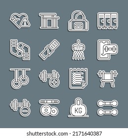 Set line Dumbbell, Bench with barbell, Fitness app, Sport bag, Protein sport, Socks, Heart rate and Shower icon. Vector