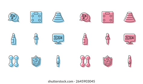 Set line Dumbbell, músculo de halterofilismo, Sleepy, Smartwatch, Pipeta com óleo, garrafa essencial e ícone de escamas do banheiro. Vetor