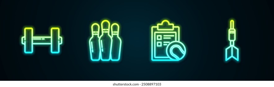 Set line Dumbbell, Bowling pin, Checklist clipboard and tennis ball and Dart arrow. Glowing neon icon. Vector