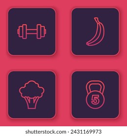 Set line Dumbbell, Broccoli, Banana and Weight. Blue square button. Vector