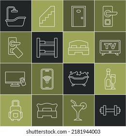 Set line Dumbbell, Champagne bottle with glass, Smart Tv, Hotel door, room bed, Digital lock, Bathtub and  icon. Vector