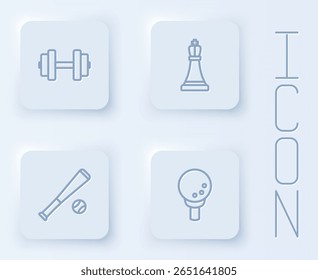 Set line Dumbbell, Chess, Baseball bat with ball and Golf on tee. White square button. Vector