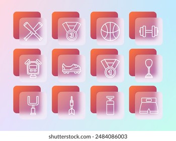 Set line Dumbbell, Dart arrow, Medal, Punching bag, Football shoes, Basketball, Crossed baseball bat and  icon. Vector