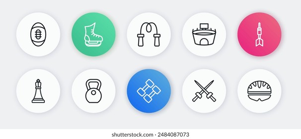 Set line Dumbbell, Dart arrow, Chess, Fencing, Stadium, Jump rope, Bicycle helmet and Weight icon. Vector