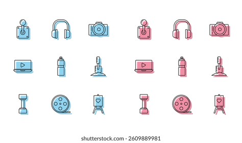 Set line Dumbbell, Film reel, Joystick for arcade machine, Wood easel painting art boards, Fitness shaker, Shovel the ground, Online play video and Headphones icon. Vector