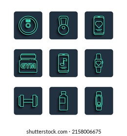 Set line Dumbbell, Fitness shaker, Smartwatch, Mobile with heart rate, Music player, Sports nutrition, Weight plate and  icon. Vector