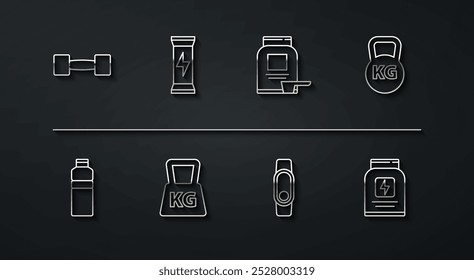 Fije la línea Mancuerna, coctelera de la aptitud, Kettlebell, Smartwatch, peso, nutrición de los deportes, e icono. Vector