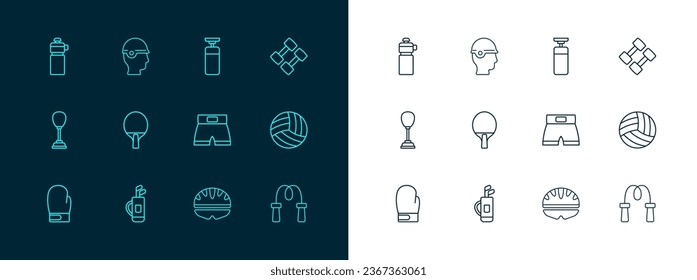 Set line Dumbbell, Golf bag with clubs, Boxing short, Bicycle helmet, Racket, Punching, Fitness shaker and Baseball icon. Vector