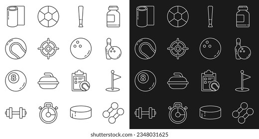 Set line Dumbbell, Golf flag, Bowling pin and ball, Baseball bat, Target sport, Fitness mat roll and  icon. Vector