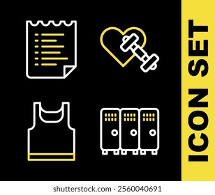 Set line Dumbbell with heart, Locker or changing room, Sleeveless t-shirt and Sport training program icon. Vector