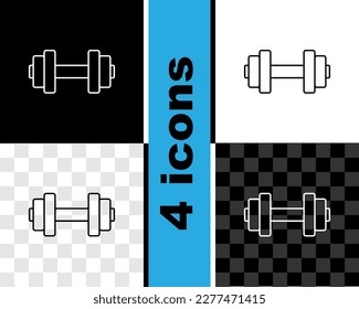 Set line Dumbbell icon isolated on black and white, transparent background. Muscle lifting icon, fitness barbell, gym, sports equipment, exercise bumbbell.  Vector