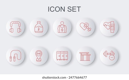 Set line Dumbbell, Jump rope, Bodybuilder, Uneven bars, Headphones, Sports nutrition, Location gym and Locker changing room icon. Vector