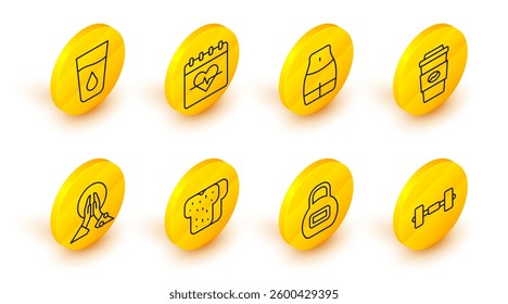 Set line Dumbbell, Kettlebell, Bread toast, Meditation, Coffee cup go, Women waist, Heart rate and Glass with water icon. Vector