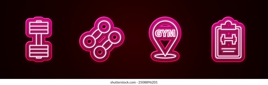 Set line Dumbbell, , Location gym and Sport training program. Glowing neon icon. Vector