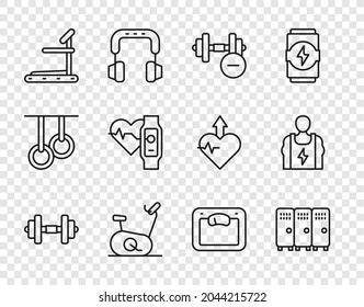 Fijar línea Dumbbell, Locker o vestuario, bicicleta estacionaria, máquina Treadmill, reloj inteligente con corazón, báscula de baño e icono de Bodybuilder. Vector