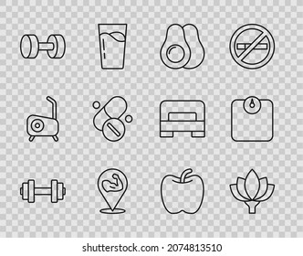 Set line Dumbbell, Lotus flower, Avocado fruit, Bodybuilder muscle, Vitamin pill, Apple and Bathroom scales icon. Vector