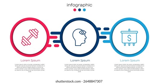 Set line Mancuerna, Hombre con tercer ojo y Dólar objetivo. Plantilla de infografía de negocios. Vector