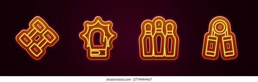 Set line Dumbbell, Punch in boxing gloves, Bowling pin and Sport expander. Glowing neon icon. Vector