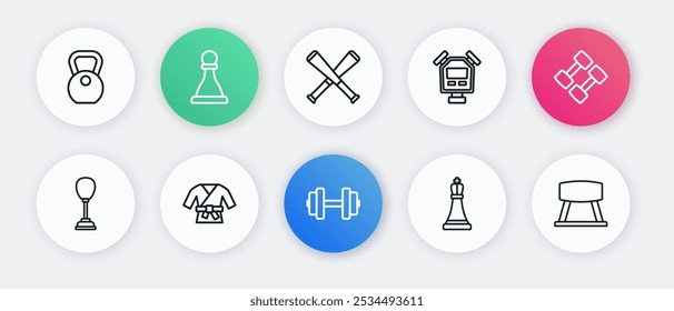 Set line Dumbbell, Punching bag, Chess, Stopwatch, Crossed baseball bat, Pommel horse and Kimono icon. Vector