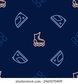 Set line Dumbbell, Racing helmet and Roller skate on seamless pattern. Vector
