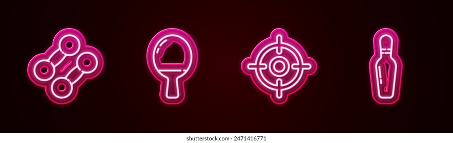 Set line Dumbbell, Racket for playing table tennis, Target sport and Bowling pin. Glowing neon icon. Vector
