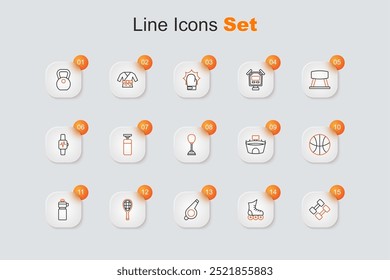 Set line Dumbbell, Roller skate, Whistle, Tennis racket, Fitness shaker, Basketball ball, Stadium and Punching bag icon. Vector